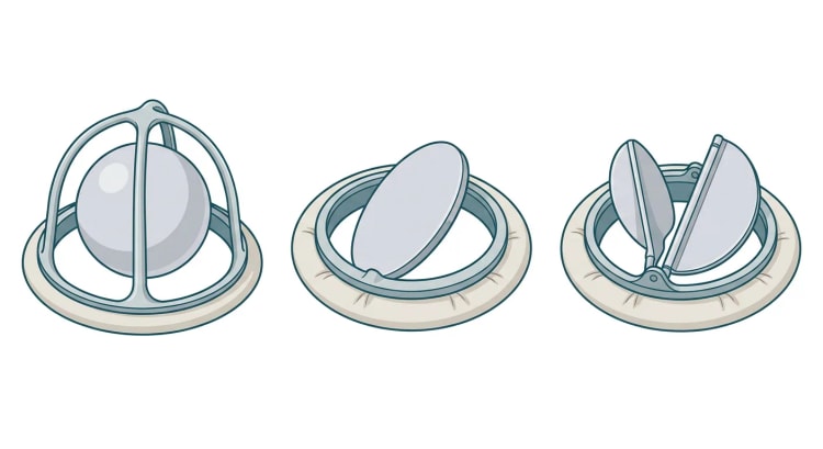 Trois prothèses valvulaires mécaniques côte à côte : une valve à bille avec une bille enfermée dans une cage d'arceaux au-dessus de l'anneau de suture, une valve à disque basculant unique dans l'anneau et une valve à double ailette avec deux ailettes semi-circulaires en position ouverte. L'image montre la différence de conception entre valves mécaniques anciennes et modernes.