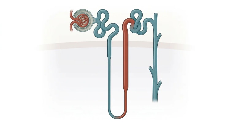 Illustration d'un néphron : le corpuscule rénal se situe en haut à gauche, la branche descendante fine de l'anse de Henle plonge dans la médullaire et la branche ascendante, plus épaisse, remonte vers le tubule distal et le tube collecteur.