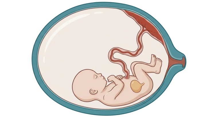 Illustration sagittale d'un utérus fortement distendu dans lequel un petit fœtus repose dans la partie inférieure, entouré d'un très grand volume de liquide amniotique, avec le placenta sur la paroi supérieure et une vessie arrondie et remplie dans le bas-ventre du fœtus.