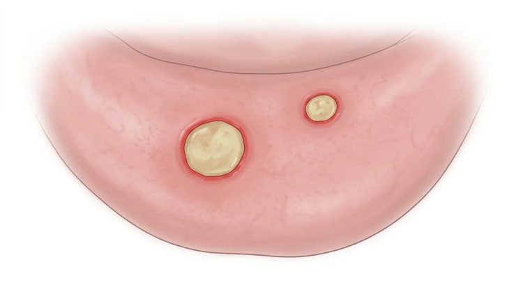 Gros plan d'une muqueuse buccale rose avec une grande et une petite ulcération arrondie. Toutes deux ont un fond blanc jaunâtre fibrineux et une fine bordure rouge, et la muqueuse entre les ulcérations paraît normale.