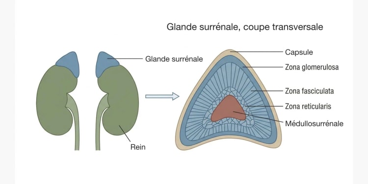 Les glandes surrénales, organes en forme de coin posés sur le pôle supérieur des reins, et une coupe transversale de la surrénale montrant la capsule, les trois zones corticales et la médullaire centrale.