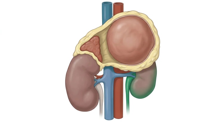 Illustration en vue frontale du rétropéritoine montrant une volumineuse tumeur arrondie dans la loge surrénalienne gauche, entourée de graisse jaunâtre au-dessus du pôle supérieur du rein. La veine cave inférieure et l'aorte cheminent verticalement en dedans de la tumeur, et une petite surrénale normale est visible au-dessus du rein droit.