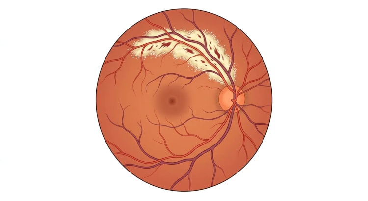 Fond d'œil montrant une zone rétinienne nécrotique blanc jaunâtre avec des hémorragies rouge sombre le long de l'arcade vasculaire supérieure, à bord granuleux au contact de la rétine saine rouge orangé. La papille optique est visible à droite de l'image et la macula au centre, toutes deux épargnées.