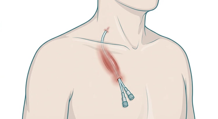 Partie supérieure droite du thorax et base du cou avec un cathéter veineux central tunnellisé dont le trajet sous-cutané est entouré d'une bande de peau érythémateuse et tuméfiée allant de l'orifice de sortie jusqu'à la clavicule.