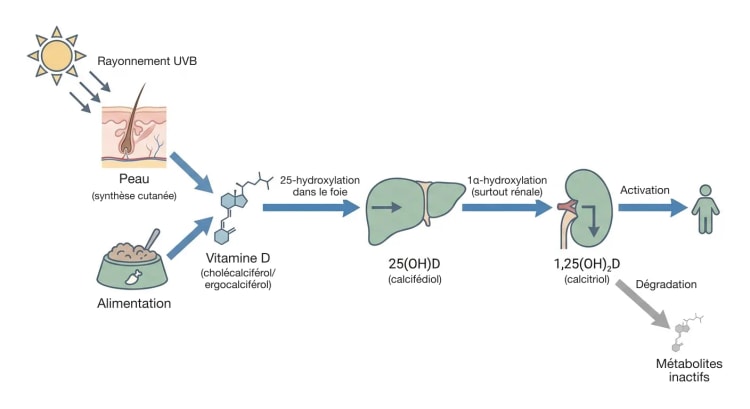 Schéma de flux dans lequel le rayonnement UVB sur la peau et l'alimentation conduisent à la vitamine D, qui devient 25(OH)D dans le foie puis, principalement dans le rein, le métabolite actif 1,25(OH)2D, avec une flèche latérale vers les métabolites inactifs.