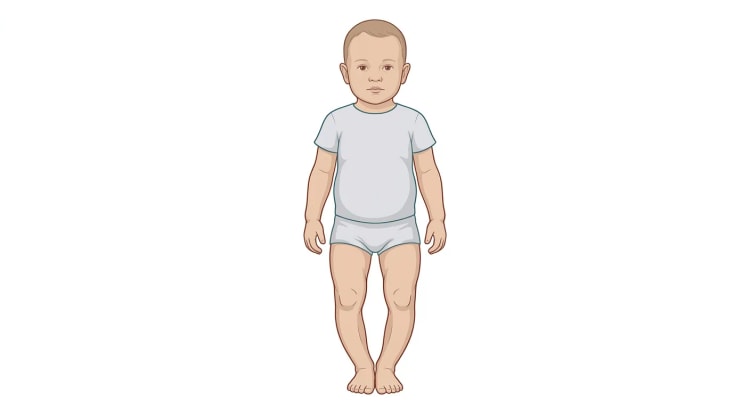 Jeune enfant dessiné en t-shirt gris et short, debout de face, les chevilles jointes et les jambes arquées vers l'extérieur, laissant un écart net entre les genoux.