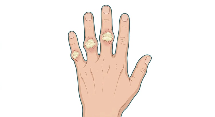 Main gauche vue de la face dorsale avec des tophus nodulaires blanc jaunâtre en regard des articulations interphalangiennes de trois doigts au cours d'une goutte tophacée chronique.