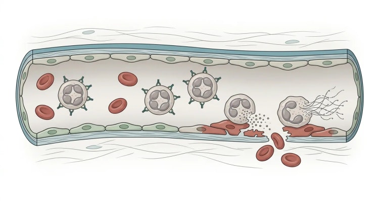 Coupe longitudinale d'un petit vaisseau sanguin contenant des neutrophiles porteurs d'anticorps à leur surface. À droite, des neutrophiles activés adhèrent à la paroi vasculaire et libèrent des granules et des filaments d'ADN, l'endothélium est lésé et des globules rouges fuient dans le tissu.