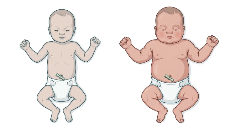 Deux nouveau-nés en décubitus dorsal côte à côte : à gauche un enfant aux proportions normales, à droite un enfant macrosome aux épaules larges, au tronc et à l'abdomen arrondis, au visage rond, avec des plis graisseux aux bras et aux cuisses.
