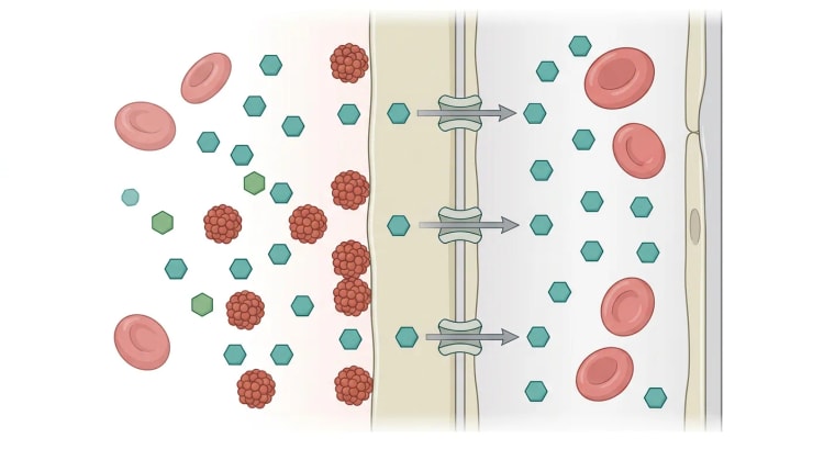 Représentation schématique de la barrière placentaire où de petites molécules de glucose traversent des canaux de transport du sang maternel vers un capillaire fœtal, tandis que de plus grosses molécules d'insuline restent du côté maternel.
