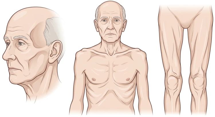 Homme âgé présentant une fonte musculaire en trois vues : tempe creusée vue de trois quarts, épaules anguleuses avec clavicules et côtes saillantes, et cuisses minces séparées par un espace.