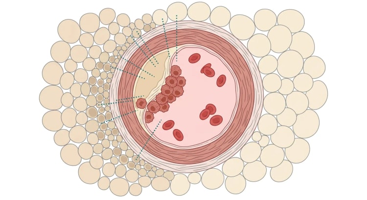 Illustration d’une artère coronaire en coupe transversale avec une plaque athéroscléreuse inflammatoire, entourée de graisse périvasculaire dans laquelle les adipocytes proches de la paroi vasculaire sont plus petits que ceux situés plus à distance.