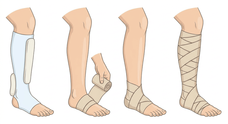 Quatre étapes du bandage compressif sur la même jambe : rembourrage, départ sur l'avant-pied, bandage en huit autour du talon et jambe bandée jusqu'au genou