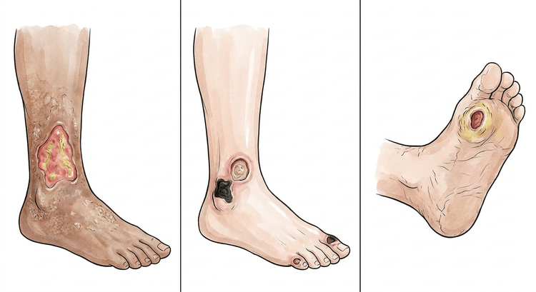 Trois jambes côte à côte avec un ulcère veineux au-dessus de la malléole interne, un ulcère artériel sur la malléole externe et sur un orteil, et un ulcère entouré de kératose sous la plante du pied