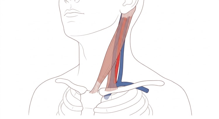 Anatomie du cou vue de face, avec les deux chefs du muscle sterno-cléido-mastoïdien et les vaisseaux de la gaine carotidienne