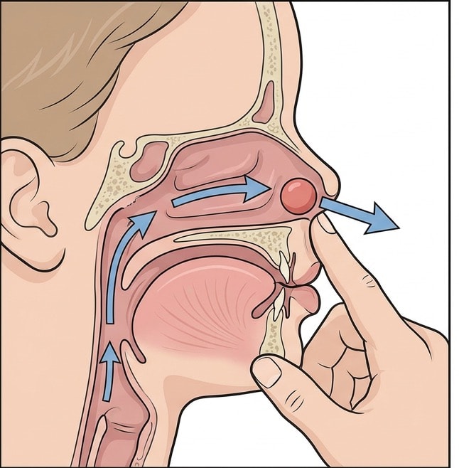 Coupe sagittale du nez et du pharynx d'un enfant où un adulte obture la narine libre et souffle dans la bouche de l'enfant, avec des flèches montrant l'air remontant par le pharynx puis vers l'avant dans la fosse nasale pour expulser l'objet
