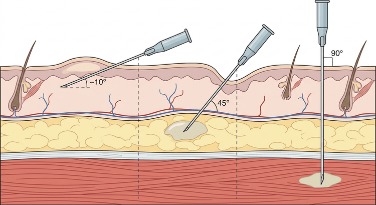 Coupe de la peau, du tissu sous-cutané et du muscle avec trois aiguilles introduites selon des angles et des profondeurs différents