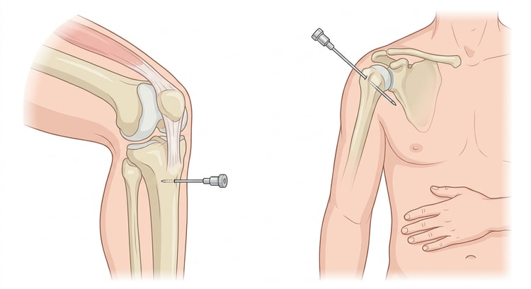 Deux illustrations montrant une aiguille intra-osseuse dans la partie supérieure du tibia et dans la tête humérale