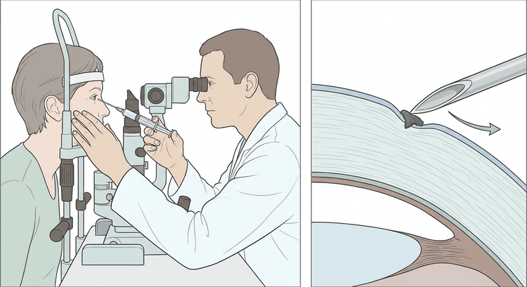 Deux images : patient à la lampe à fente, l'examinateur approchant une aiguille de l'œil la main appuyée sur la joue, et gros plan en coupe de la cornée où la pointe soulève tangentiellement une particule enclavée