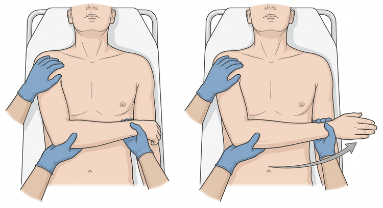 Patient en décubitus dorsal, bras contre le tronc et coude fléchi, l'opérateur amenant l'avant-bras vers l'extérieur en deux temps