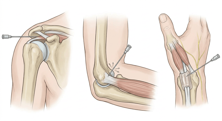 Trois panneaux montrant la position de l'aiguille lors d'une infiltration sous-acromiale, d'une épicondylite latérale et d'une ténosynovite de de Quervain
