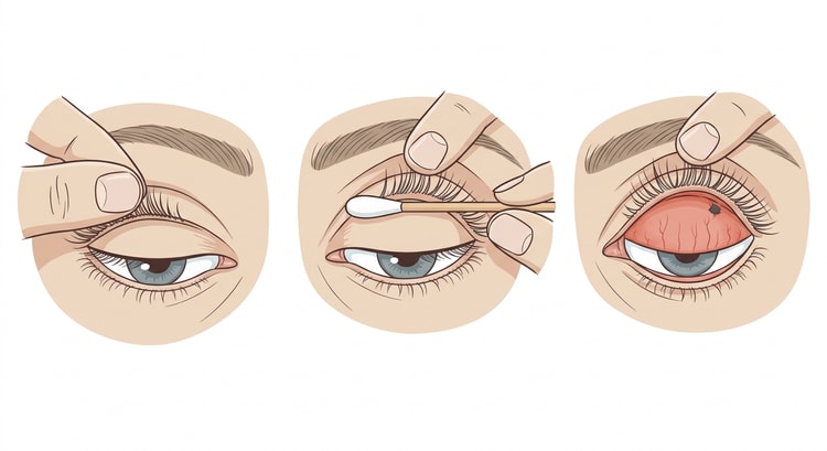 Trois images montrant l'éversion de la paupière supérieure : les cils sont saisis, un coton-tige est appliqué sur le bord supérieur du tarse, et la paupière est retournée pour exposer sa face interne