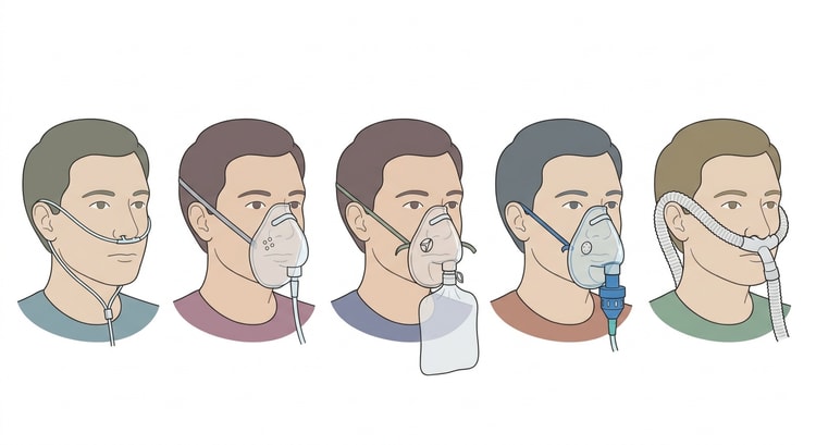 Cinq portraits alignés du même patient avec différents dispositifs d'oxygénation : lunettes nasales, masque facial simple, masque à réserve, masque Venturi avec valve, et lunettes à haut débit avec tubulure de gros diamètre