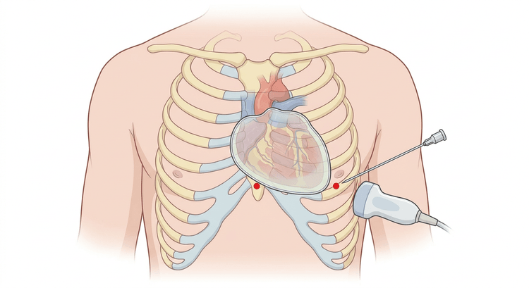 Thorax de face avec le cœur et un péricarde distendu, où deux points de ponction sont marqués : l'un subxiphoïdien et l'autre apical, où la sonde d'échographie et l'aiguille reposent sur la paroi thoracique