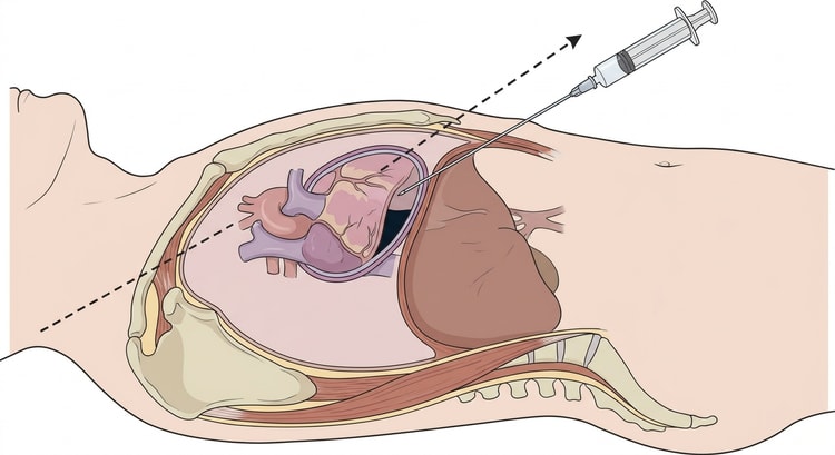 Coupe sagittale du thorax et de l'abdomen supérieur avec l'aiguille de ponction introduite sous l'appendice xiphoïde et dirigée obliquement vers le haut et l'arrière en direction de l'omoplate gauche, l'extrémité dans l'épanchement péricardique
