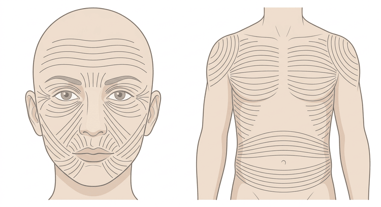 Lignes de tension cutanée dessinées comme de fines lignes courbes sur le visage de face et sur le tronc de face