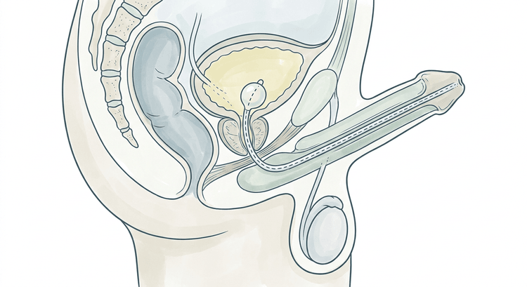 Coupe sagittale du bassin masculin montrant le trajet de la sonde dans l'urètre pénien, l'urètre bulbaire et la prostate jusque dans la vessie