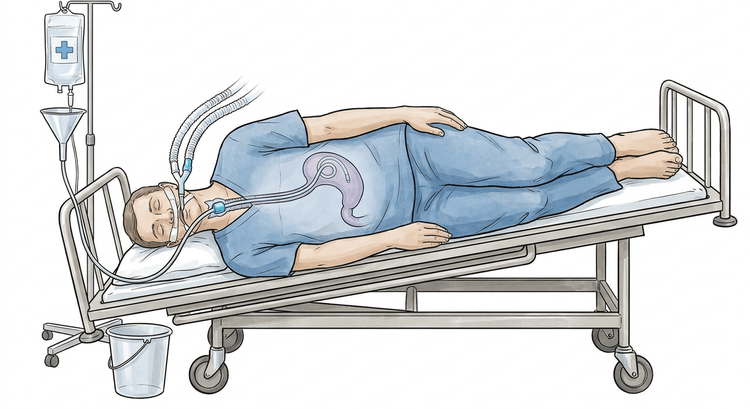 Patient intubé en décubitus latéral gauche, tête abaissée, avec une sonde orogastrique de gros calibre descendant dans l'estomac