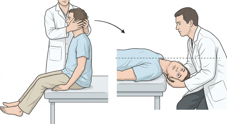 Deux vignettes montrant le test de Dix-Hallpike : le patient assis avec la tête tournée de 45 degrés, puis allongé sur le dos avec la tête pendant au-delà du bord de la table