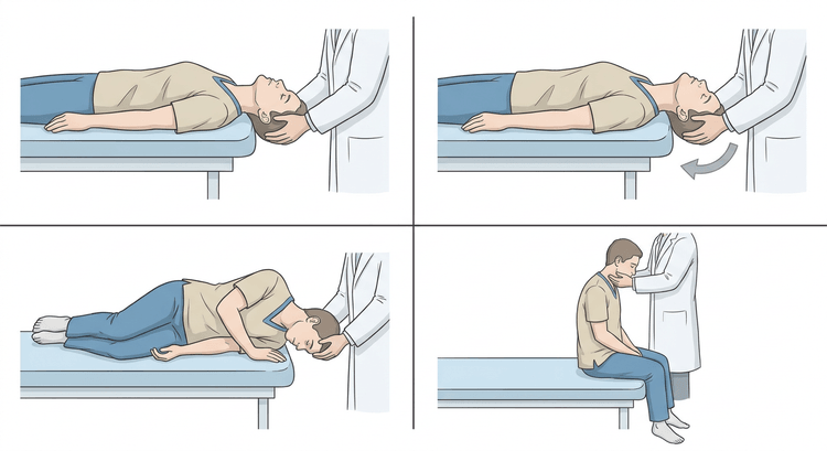 Quatre vignettes montrant la manœuvre d'Epley dans l'ordre : décubitus dorsal tête tournée du côté atteint, tête tournée dans l'autre sens, décubitus latéral face vers le sol, puis position assise