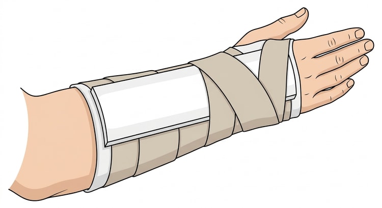 Avant-bras et main avec une attelle plâtrée blanche sur la face dorsale, allant de sous le coude aux articulations métacarpophalangiennes, fixée par une bande élastique, doigts et pouce libres