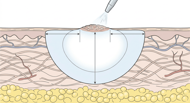 Coupe de la peau où une boule de glace hémisphérique descend dans le derme et s'étend latéralement au-delà des bords de la lésion, avec des flèches indiquant la marge latérale et la profondeur