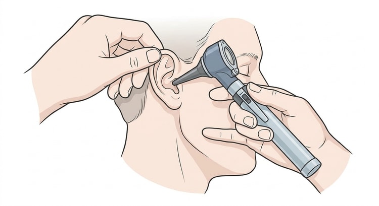 L'examinateur tient l'otoscope comme un stylo, auriculaire et annulaire appuyés sur la joue du patient, tandis que l'autre main tire le pavillon vers le haut et l'arrière