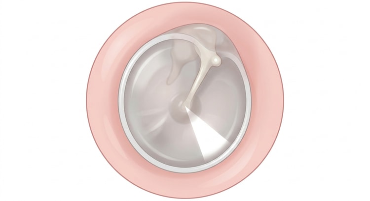 Vue otoscopique d'un tympan normal : gris perle et translucide, avec le manche du marteau formant une ligne claire et un triangle lumineux sous le centre