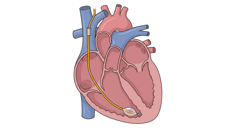 Coupe quatre cavités du cœur avec une sonde de stimulation temporaire allant de la veine jugulaire à la veine cave supérieure, dans l'oreillette droite, à travers la valve tricuspide jusqu'à la pointe du ventricule droit