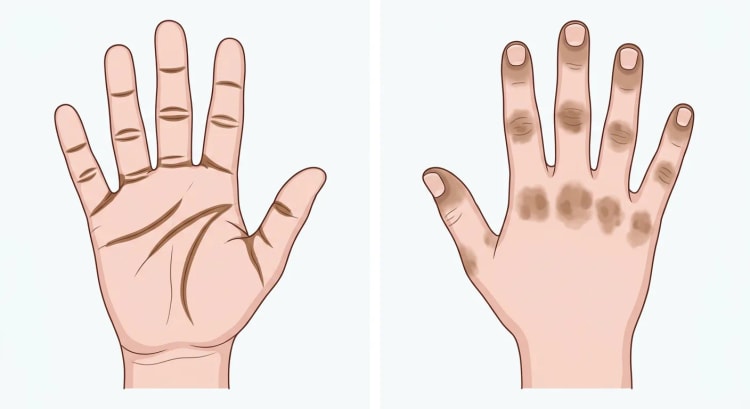 Main droite vue côté paume avec des plis de flexion pigmentés en brun et côté dos avec une pigmentation brune sur les jointures et autour des cuticules.