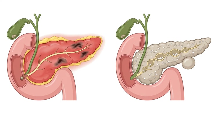 Deux images du pancréas côte à côte. À gauche, un pancréas tuméfié et rouge avec des zones nécrotiques, une graisse environnante inflammatoire et un calcul biliaire dans la papille. À droite, un pancréas pâle et fibreux avec des calcifications, un canal pancréatique dilaté en chapelet contenant des calculs, et un pseudokyste.