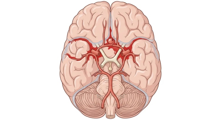 Face inférieure du cerveau avec le polygone de Willis et un anévrisme sacciforme rompu de l'artère communicante antérieure. Le sang s'est répandu dans les citernes de la base et les scissures latérales.