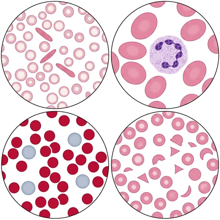 Quatre frottis sanguins microscopiques : microcytes hypochromes avec cellules en crayon, macro-ovalocytes avec un polynucléaire neutrophile hypersegmenté, sphérocytes avec érythrocytes polychromatophiles, et schizocytes parmi des érythrocytes normaux.