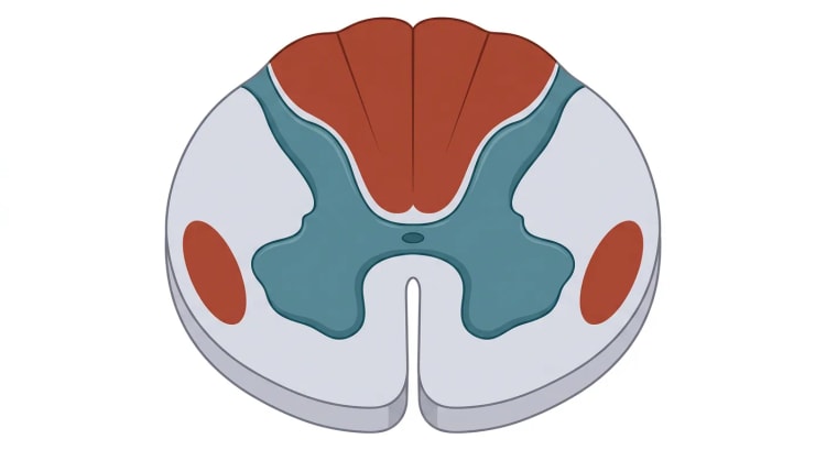 Coupe transversale de la moelle épinière avec la substance grise centrale en forme de papillon au milieu, les cordons postérieurs rouge brique en haut de la coupe et une zone ovale rouge brique dans la substance blanche latérale de chaque côté, le reste de la substance blanche étant gris pâle.