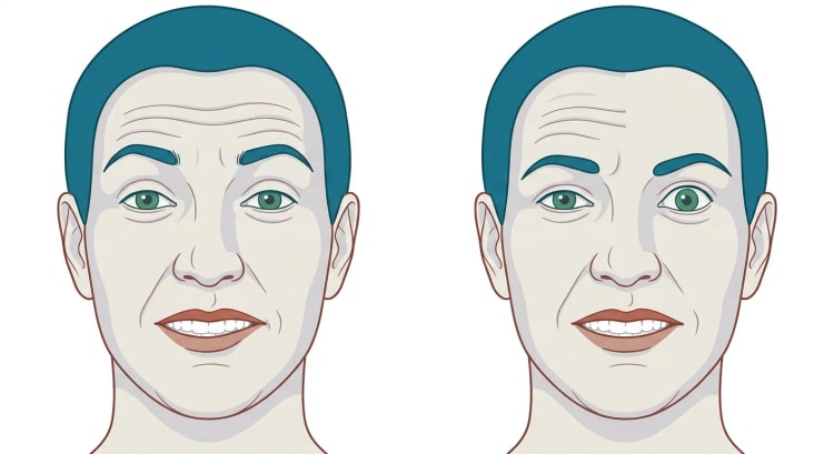 Deux visages dessinés côte à côte qui plissent le front et sourient en montrant les dents. Tous deux présentent une chute de la commissure labiale et un effacement du sillon nasogénien du côté droit de l'observateur. Le visage de gauche a des rides frontales d'égale profondeur sur tout le front, tandis que le visage de droite n'a aucune ride frontale du côté faible.