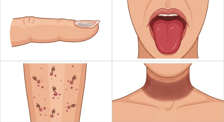 Quatre panneaux montrant des signes visibles de carence : ongle en cuillère, langue lisse et rouge, hémorragies périfolliculaires avec poils en tire-bouchon sur la jambe, et bande sombre squameuse autour du cou.