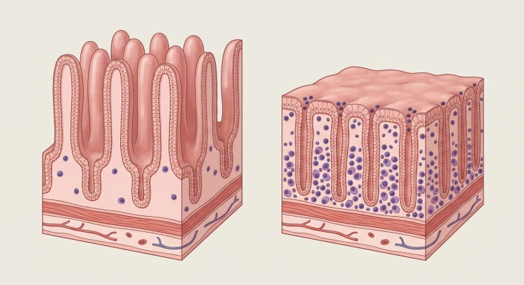 Deux blocs tissulaires tridimensionnels de muqueuse de l'intestin grêle côte à côte. À gauche, des villosités hautes et étroites. À droite, la surface est plane, les cryptes sont allongées et le chorion est densément infiltré de cellules inflammatoires.