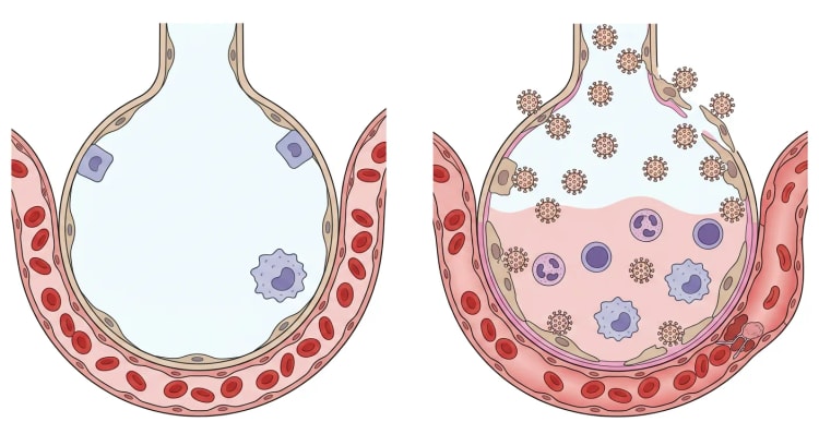 Deux alvéoles en coupe côte à côte. À gauche, une alvéole saine et aérée à paroi fine avec un capillaire. À droite, une alvéole lésée avec des particules virales, des cellules épithéliales desquamées, une membrane hyaline rose, du liquide d'œdème, des cellules inflammatoires et une microthrombose dans le capillaire.