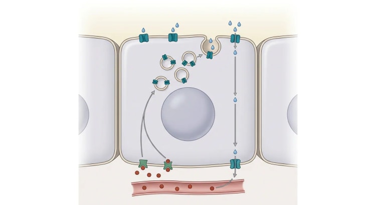 Coupe transversale d'une cellule principale du tube collecteur, où l'hormone provenant d'un capillaire se fixe sur des récepteurs du pôle basal de la cellule et où des vésicules contenant des canaux hydriques migrent vers la surface apicale. Des gouttes d'eau traversent les canaux, la cellule de part en part, et ressortent vers le capillaire.
