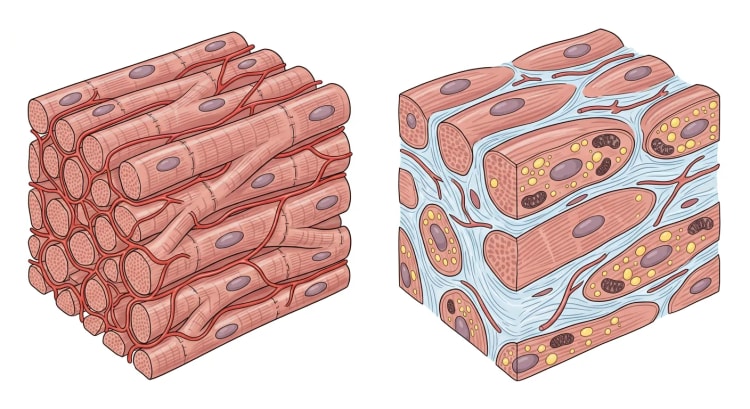 Deux blocs tissulaires de myocarde ventriculaire gauche côte à côte : un myocarde sain avec des cardiomyocytes denses et parallèles et un riche réseau capillaire, et un myocarde diabétique avec des cardiomyocytes épaissis, des gouttelettes lipidiques, des mitochondries lésées, du tissu collagène interstitiel et moins de capillaires.